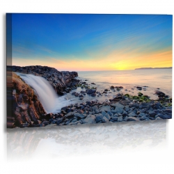 Naturbilder - Landschaft - Island - Bild - Wasserfall - Steine - Meer - Sonnenuntergang