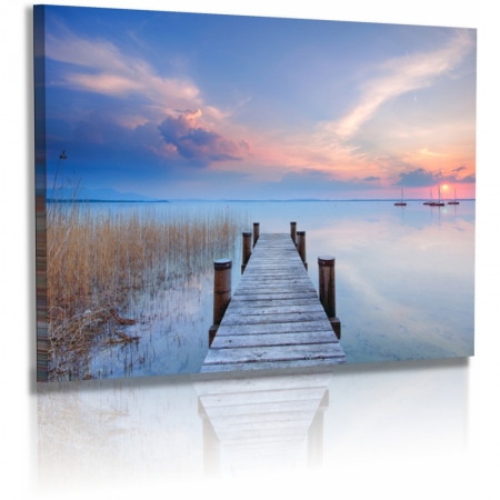 Naturbilder - Landschaft - Steg - Bild - Wolken - Schilf - Sonnenuntergang Leinwand 120 cm  x  80 cm